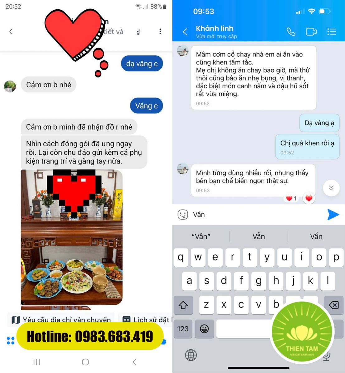 Khách hàng chia sẻ về sự tinh tế, chu đáo và tròn vị trong mâm cỗ chay của Thiên Tâm
