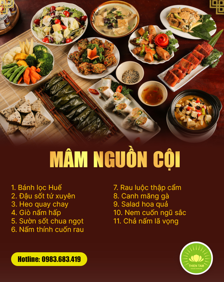 Cỗ chay Nguồn Cội gồm nhiều món giả mặn hấp dẫn, trình bày đẹp mắt phù hợp cúng lễ
