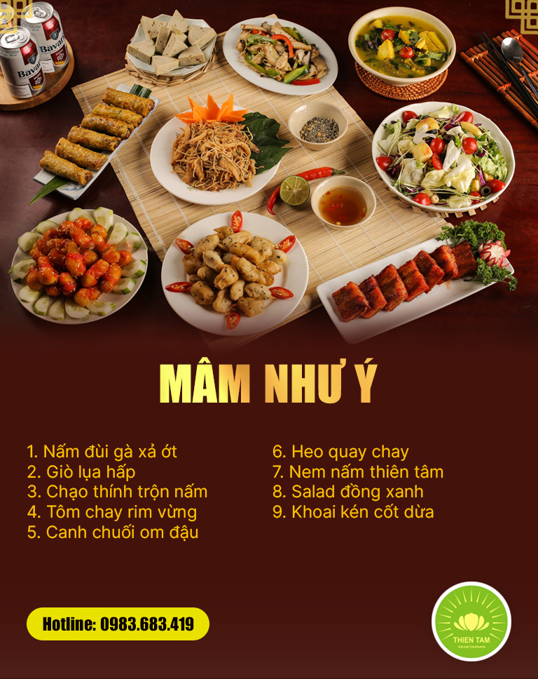 Mâm cỗ chay Như Ý thanh đạm, hiện đại, kết hợp món giả mặn và rau củ tinh tế